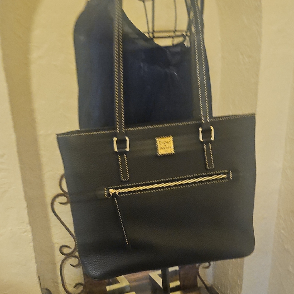 Dooney & Bourke Black Leather Tote with Gold Accents